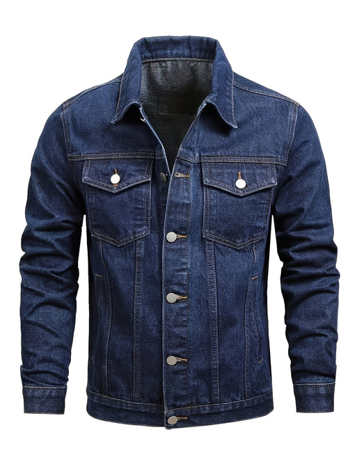 1pc Men'S Casual Denim Jacket, 80% 20%, Solid Color, Lapel Collar, Non-Stretch Woven Fabric, Regular Fit with Pockets