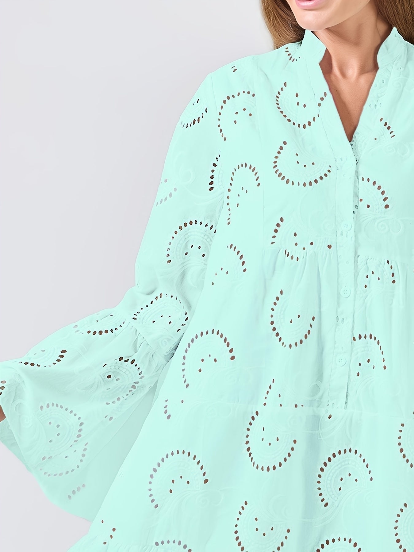 Elegant Mint Green V-Neck Shirt Dress with Bell Sleeves and Lace Cut-Out Detail - Chic Long Casual Dress for Women, Ideal for Home Gatherings and Parties, Casual Party Dress|Bell Sleeve Dress|Machine Washable Dress, Cute Dresses