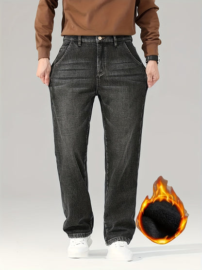 [HME] New Men'S Thickened Denim Trousers for Autumn And Winter. Heavily Washed And Naturally Polished, with Thickened Fleece Lining for Good Warmth Retention. Classic And Versatile Men'S Warm Winter Thick Jeans
