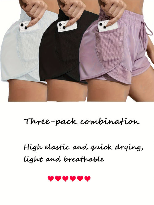 FOEIERAA Fashionable Ladies 3pcs Set Of Yoga Sports Shorts, Fake Two-piece High-waist Sports Shorts, High Elastic And Quick-drying, Light And Breathable, Suitable For Running, Yoga, Cycling, Fitness, Studio, Casual Outing, Daily Outfit, Suita
