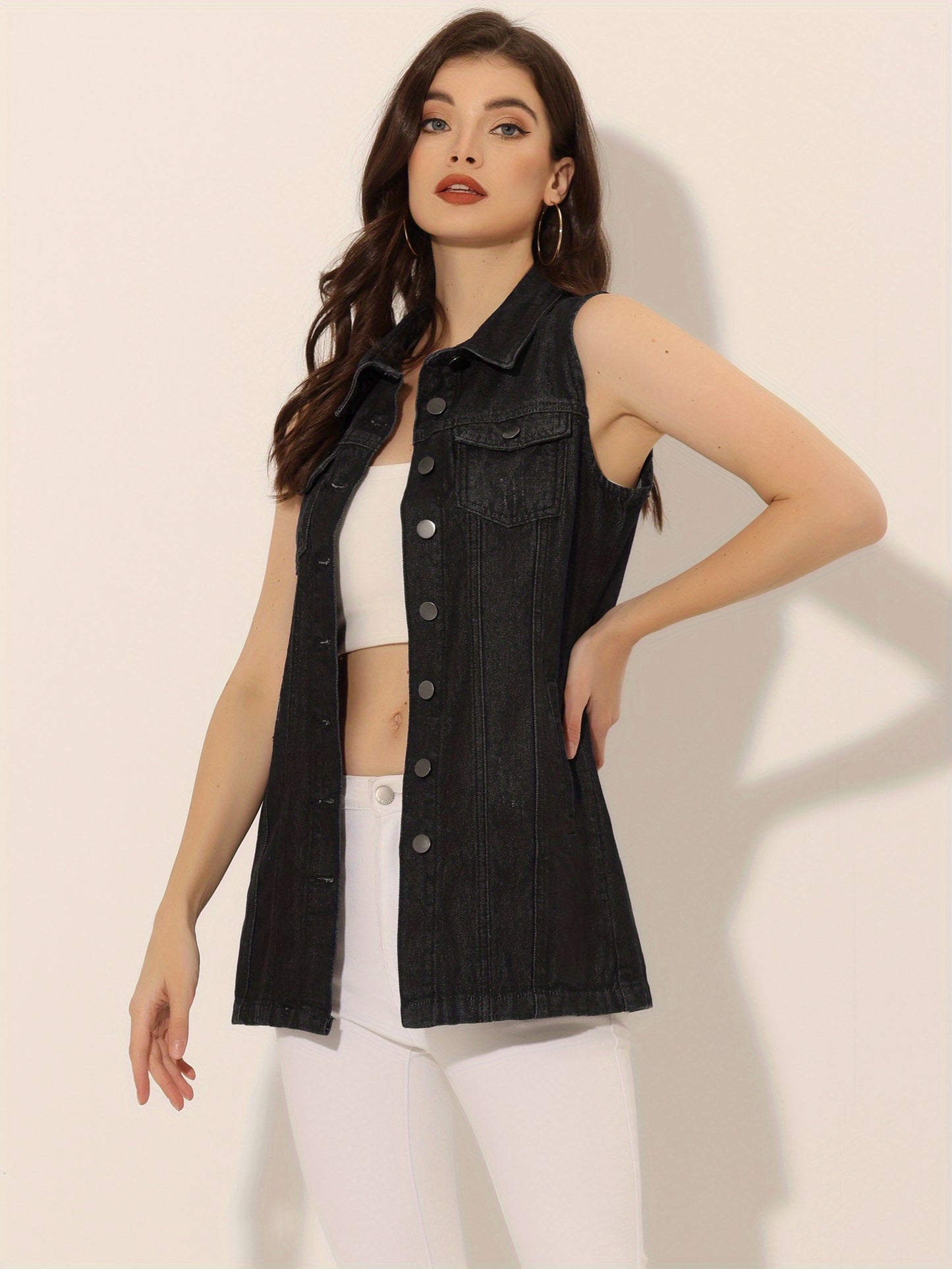 Women'S Denim Vest Sleeveless Button Waistcoat Casual Long Jean Vests