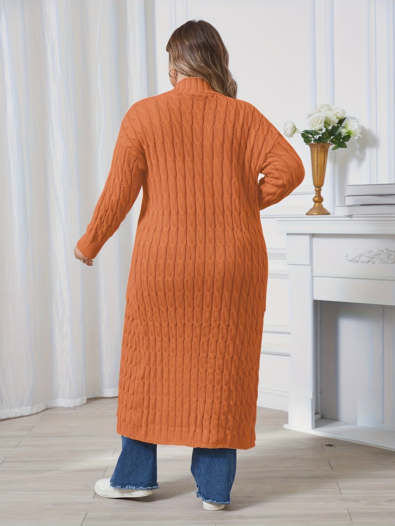 Plus Size, Large Size Twisted Flower Long Cardigan with Large Pockets, Loose Sweater Jacket for Autumn and Winter Fashion, Over the Knee for Outerwear