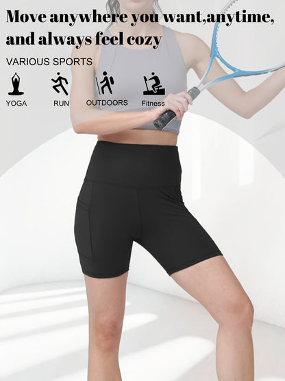1pc Women's High-Waisted Yoga Shorts with Tummy Control & Pockets - Breathable Workout Gym Shorts, Tight-Fitting Low-Rise Athletic Pants for Summer, Gymnastics, Training (Black/Grey/Navy/Pink/ Brown) - Non-See-Through Quick-Dry