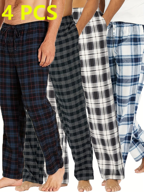 4 Men'S Sleep Pants, Soft New Men'S Four-season Pajama Trousers With A Plaid Pattern, Comfortable Spring And Summer Sleep Pants With Elastic Waist, One Side Pocket, With Belt, Loose And Suitable For Wearing Outside, Casual Home Trousers