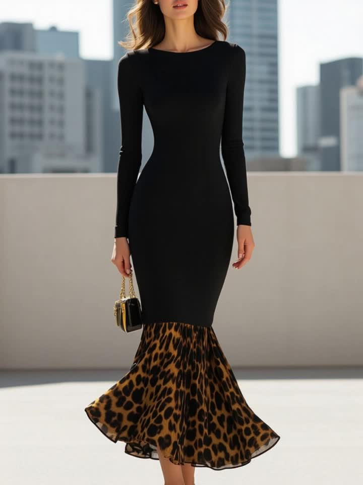 Black Leopard Print Fishtail Skirt for Women | A sexy vintage-inspired piece perfect for parties, dinners, and autumn/ winter outfits.