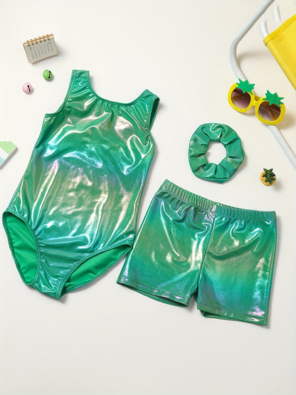 Girls' Sleeveless Gymnastics Bodysuit + Shorts + Headwear, Perfect for Outdoor