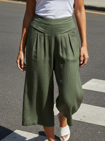 Women' Boho Linen Palazzo Wide Leg Pants - Elastic Capri Trousers with, 7/8 Length Culottes Suitable for Spring Summer Fall, Casual Solid Color Elastic Pants for Outfits & Casual Attire