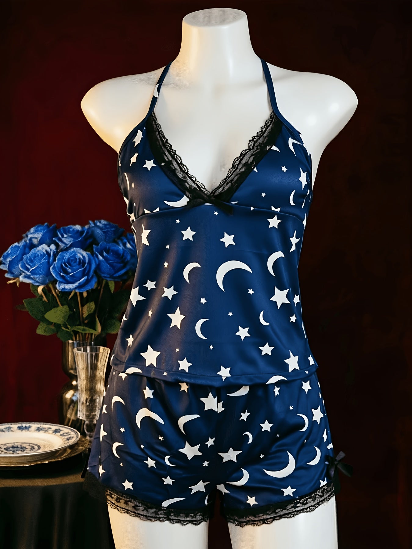 New Arrival Lingerie Seductive Halter Ruffle Sexy 2pcs Pajama Set, Women's Cami & Shorts Loungewear