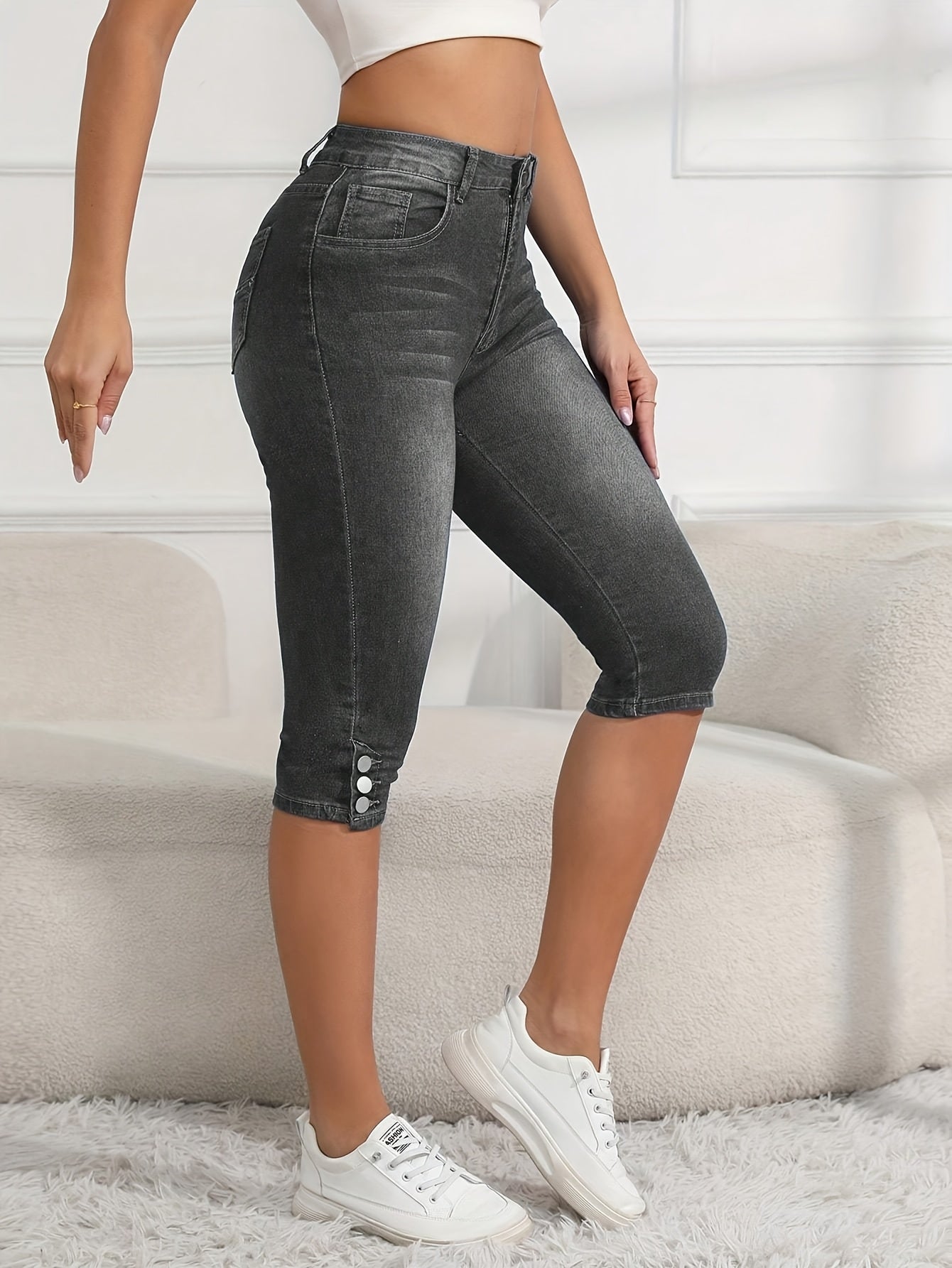 Women's Cropped Elastic Denim Mid Length Pants with Button Closure And Functional Pockets, Casual Style Cut Jeans, Comfortable for Daily Use