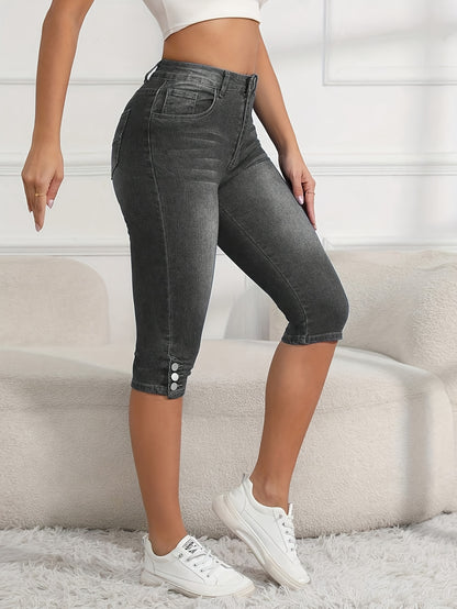 Women's Cropped Elastic Denim Mid Length Pants with Button Closure And Functional Pockets, Casual Style Cut Jeans, Comfortable for Daily Use