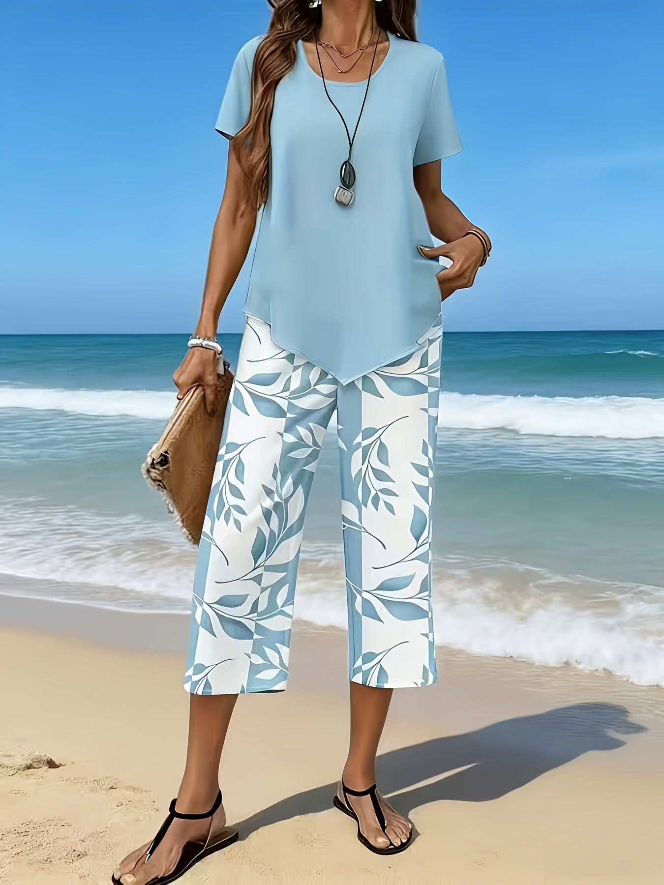 Women'S Spring/Summer Casual Two-Piece Set: Short Sleeve Round Neck Top with 7/8 Wide-Leg Pants, Loose Comfortable, Versatile for Daily Outings, Home, And Commuting