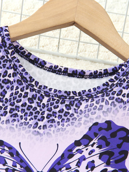 Girls' 2pcs Set Long Sleeve Top and Jeggings with Butterfly & Leopard Print, Crew Neck Pullover, Regular Fit Knit Polyester 95% with 5% Elastane, Long Length, for Spring/Fall Casual Wear, for Outdoor, Perfect for Outdoor