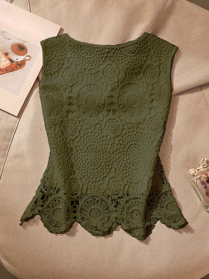 European And American Hollowed Out Round Neck Lace Camisole Vest for Women Wearing Loose And Sleeveless Tops