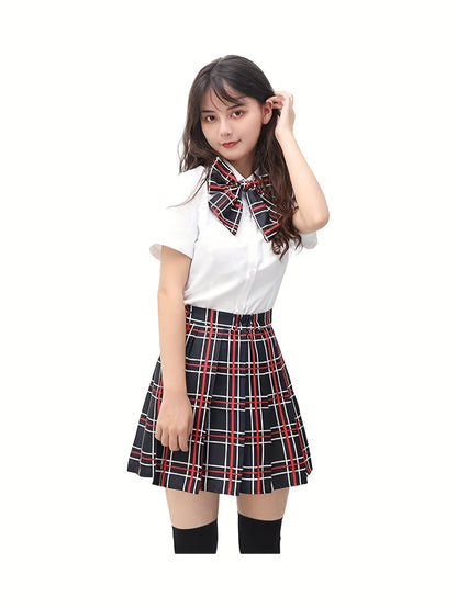 [5pcs Cosplay Costume Set] 5pcs Women's Japanese Uniform Cosplay Costume Set - Plaid Bow Tie, Asymmetrical Japanese Anime Outfit with Matching Attire (Full 5pcs Ensemble)