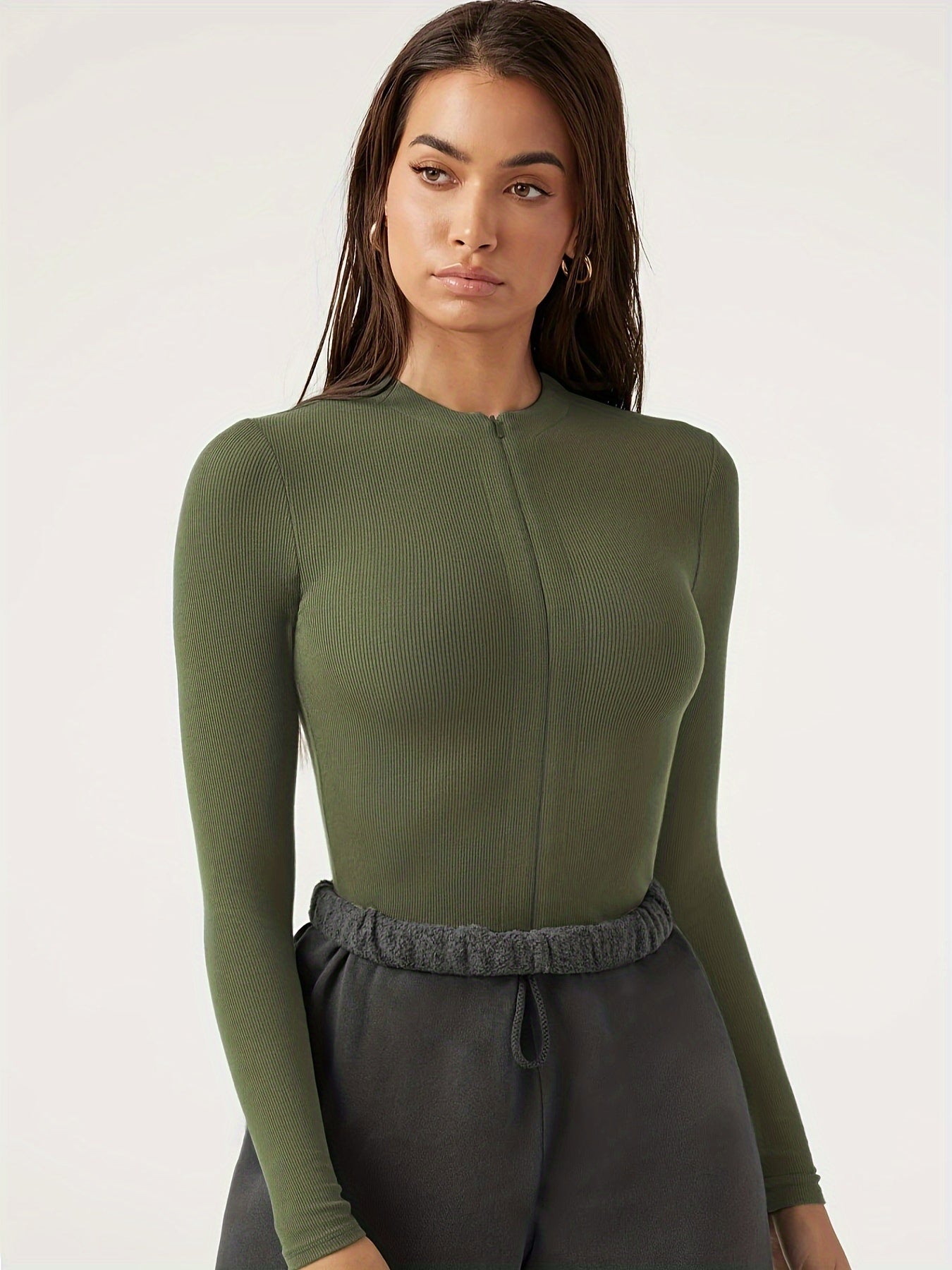 Zip Up V Neck Bodysuit, Sexy Long Sleeve Versatile Sportswear Bodysuit, Women's Clothing