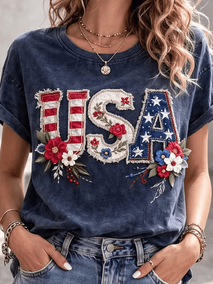 USA 250Th Anniversary Women'S Independence Day Patriotic T-Shirt, 2D Print Casual Short-Sleeve Crewneck Tee for July 4Th Celebrations
