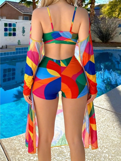 Women'S Red Geometric Color-Blocking Two-Piece Bikini Swimsuit Set, Bikini Top with Front Tie + High-Waisted Shorts + Long-Sleeved Sun-Protective Cover-Up, Beach And Seaside Swimming Fashion Sun-Protective Swimsuit Set
