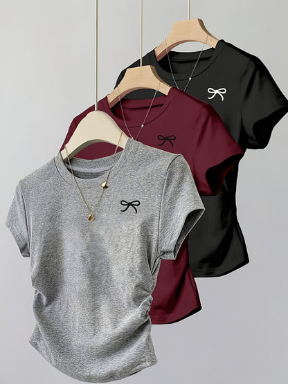 3pcs Pleated Round Neck Short Sleeve Bow Print Casual Versatile T-Shirt Top