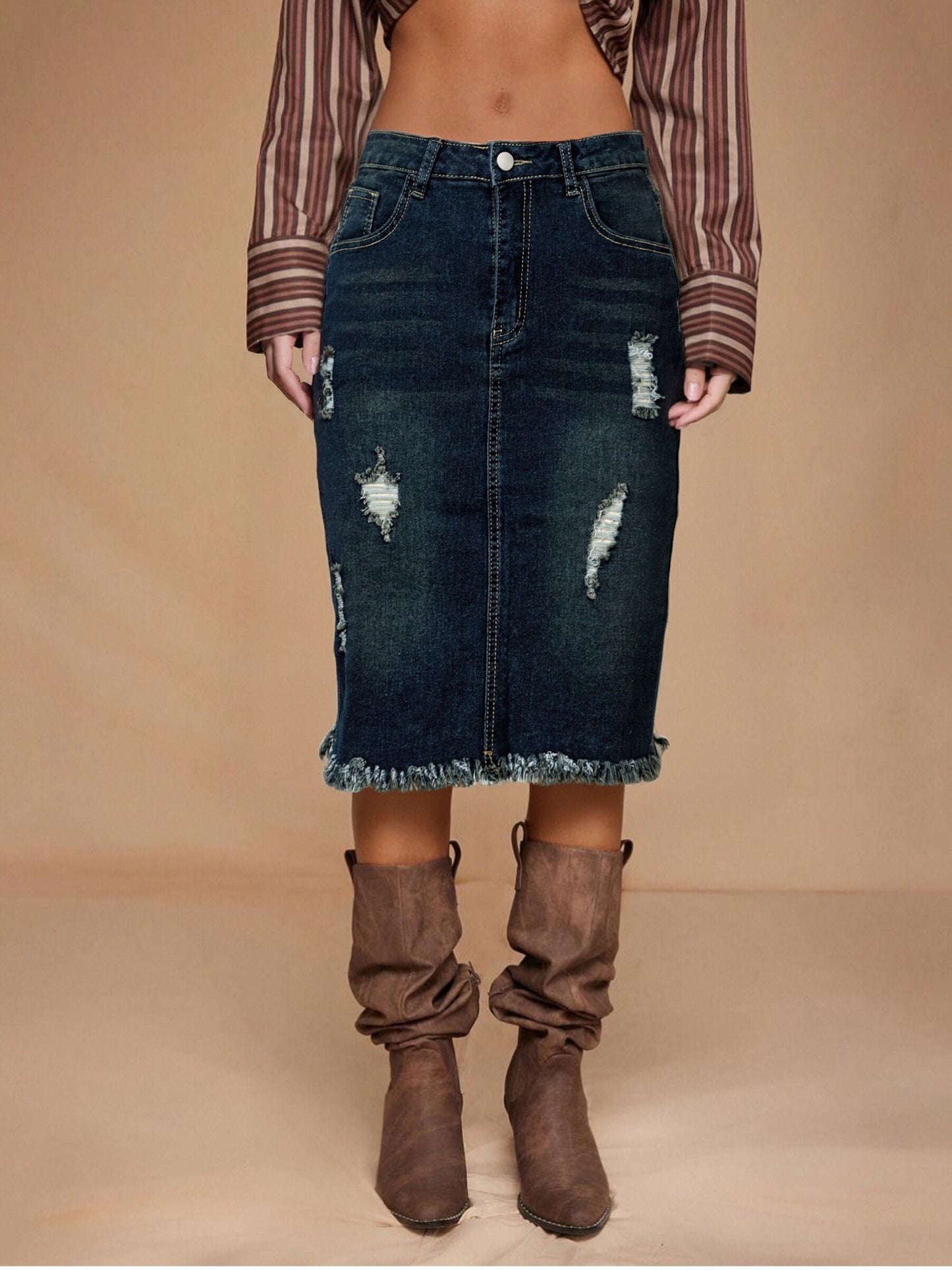 Women's Navy Color Denim Printed Skirt - product view 6