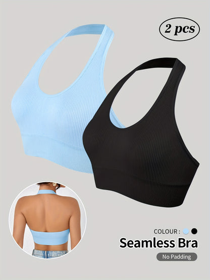 Set of 2 NADIA GO Women'S Seamless Sports Bras - Comfortable And Breathable Tops for Yoga And Workouts, Featuring a Racerback Design with Side Stripes, Available in Light Gray And Black, Sleeveless for Gym Activities, Running, And Pilates