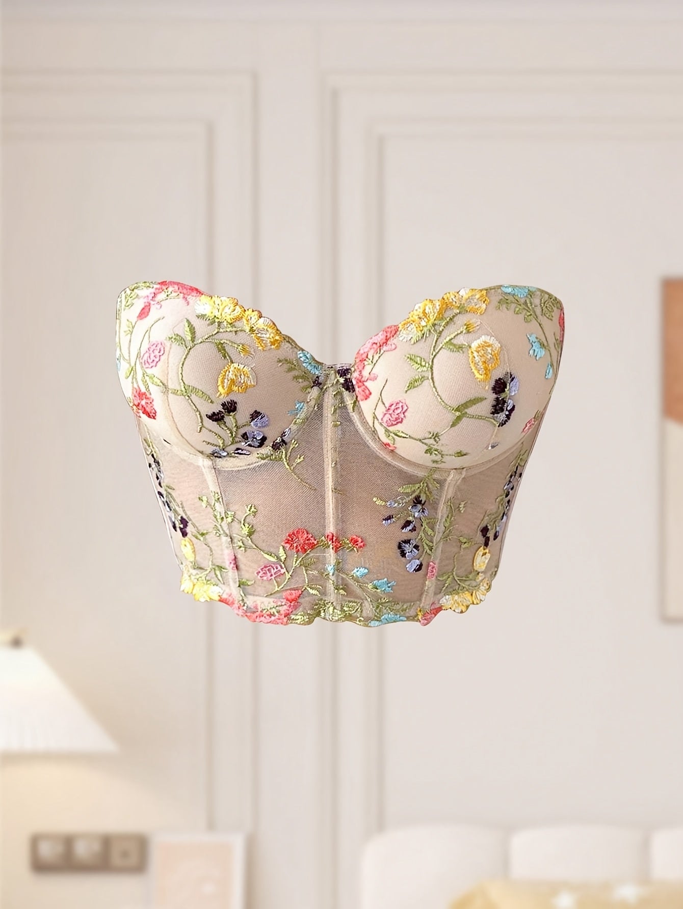 Elegant Floral Lace Push-Up Bra for Women - Underwire Support, Non-Removable Pads, Beige with Vibrant Floral Embroidery, Comfortable & Stylish Lingerie, Hand Wash Only, Durable Underwire
