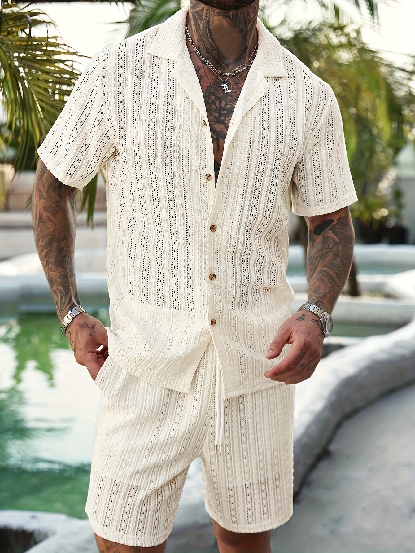 2pcs/Set Men's Solid Color Button- Hollow Shirt And Shorts Set, Vacation Solid Color Husband Casual Wear, Suitable for Vacation, Seaside Beach, Daily Leisure, Summer Wear Men Vacation Outfits Men 2pcs Outfits Summer, Cozy Outfits