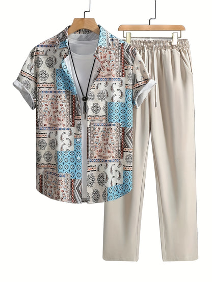 2pcs Men'S Summer Short Sleeve Button-Up Shirt and Pants Set - Light Blue Geometric Print, Casual Regular Fit with Drawstring Waist, Non-Stretch Fabric, Perfect for Casual Attire, Everyday Clothing | Geometric Print Shirt | Woven Fabric Shirt