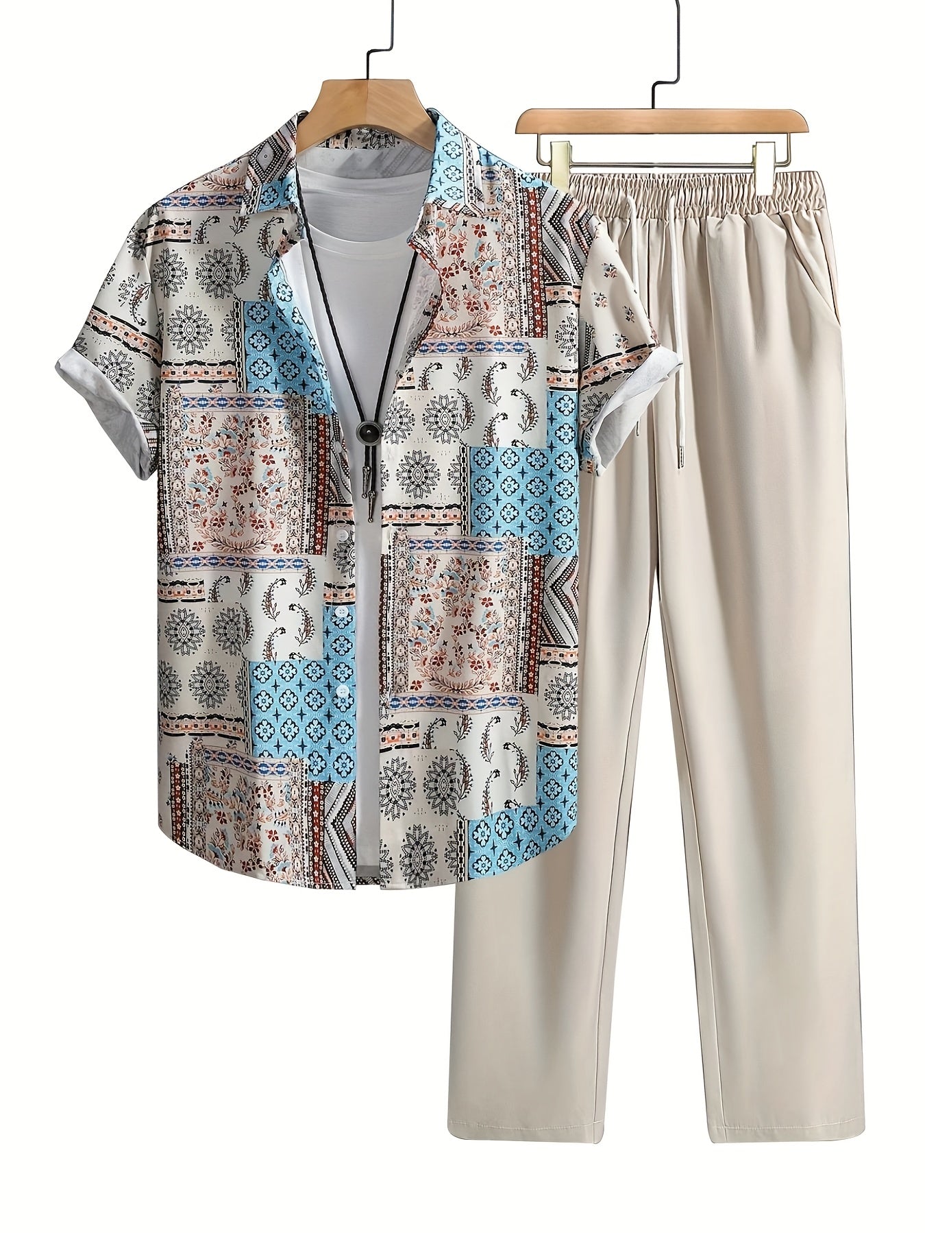 2pcs Men'S Summer Short Sleeve Button-Up Shirt and Pants Set - Light Blue Geometric Print, Casual Regular Fit with Drawstring Waist, Non-Stretch Fabric, Perfect for Casual Attire, Everyday Clothing | Geometric Print Shirt | Woven Fabric Shirt