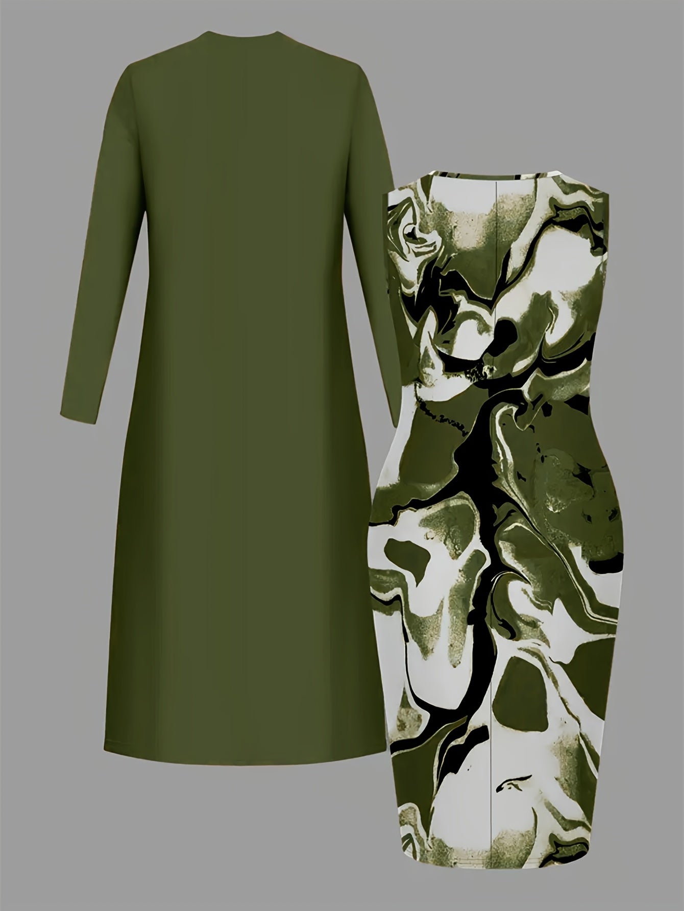 Two-Piece Set: Long Khaki Cardigan + Gold-Brown Marble Patterned Pencil Skirt for Women | Fashionable And Professional Design, Suitable for The Workplace, Daily Outings, And Other Occasions