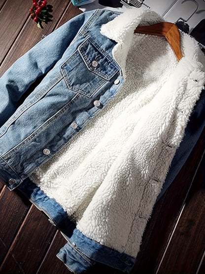 Men's Sherpa Fleece Lined Denim Jacket - Warm Winter Trucker Jacket - Cowboy Jean Jacket - Soft Fleece Lining & Durable Denim - For Men - Perfect for Cold Weather & Outdoor Activities - Ideal Gift for Winter Holidays