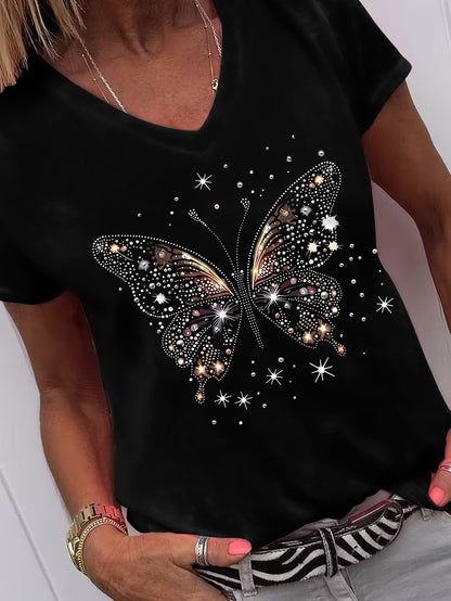 This Stylish V-Neck T-Shirt Features a Casual Butterfly Rhinestone Design And Short Sleeves, Making It a Great Option for Lounging at Home, Outings, Or Gifting. It'S an Excellent Choice for New Year'S Presents, Valentine'S Day Surprises, And More