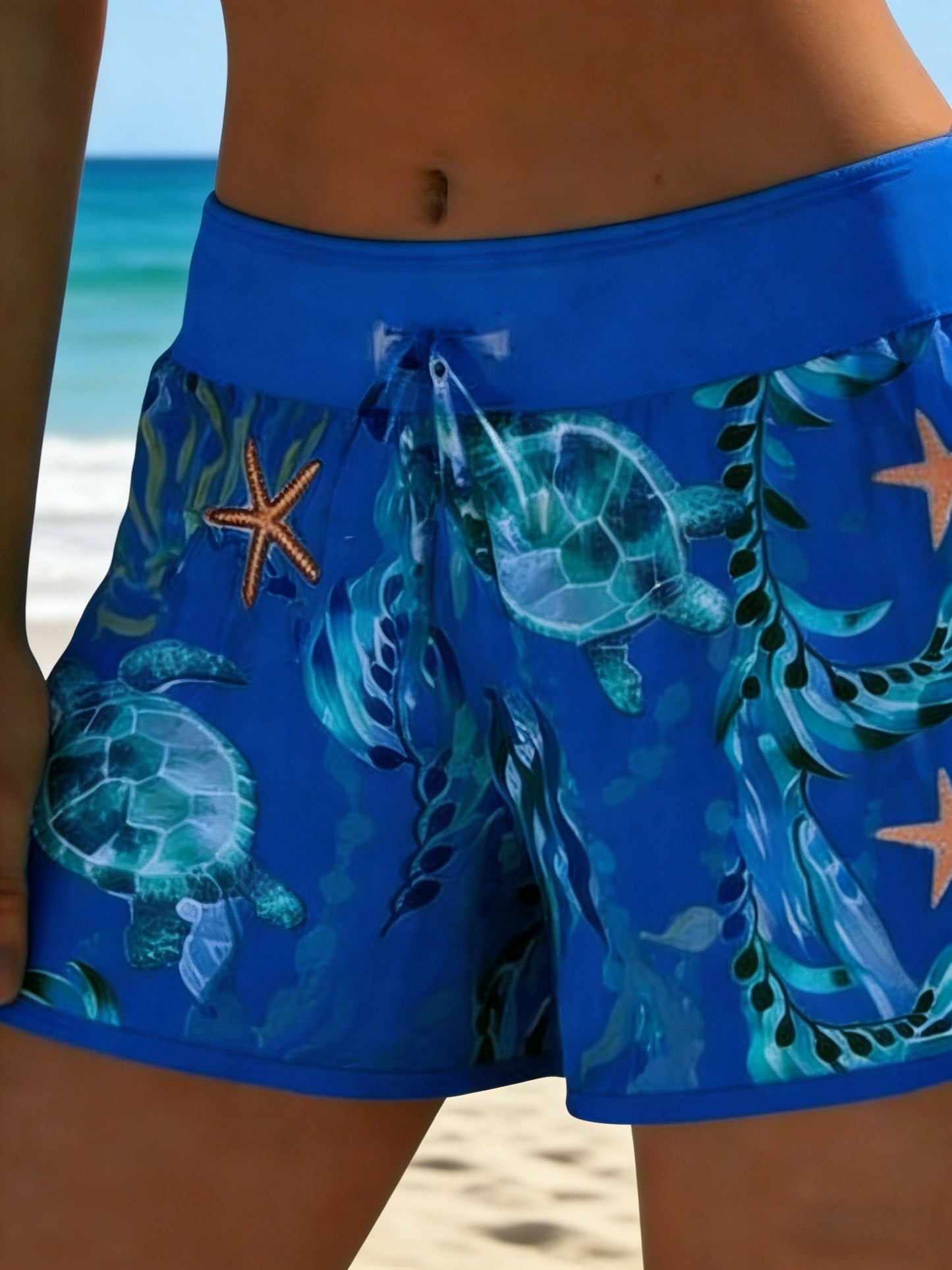 Women'S Mesh Tank Top And Drawstring Shorts With Hawaiian-Style Sea Turtle And Starfish Print: Tummy-Covering, Mesh-Paneled Two-Piece Vacation Swimsuit