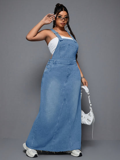 Women's Plus - Size Denim Overall Dress, High - Waisted, Washed & Distressed, Raw Hem, Adjustable Straps, Casual Long Jean Dress