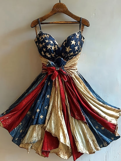 [Independence Day Style] Women's Retro Independence Day Style Camisole V-Neck Padded A-Line Waist Belted Fashion Dress