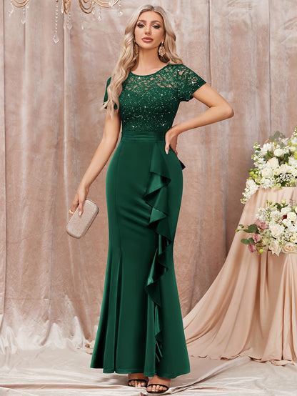 53272 Elegant Womens Sequin Lace Contrast Bridesmaid Maxi Dress, Scoop Neck Short Sleeves, Side Ruffle Detail, Satin Mermaid Hem, Perfect for Graduation Season, Wedding Season, Summer Wedding Guest, Evening Party, Summer Vacation Events And Formal