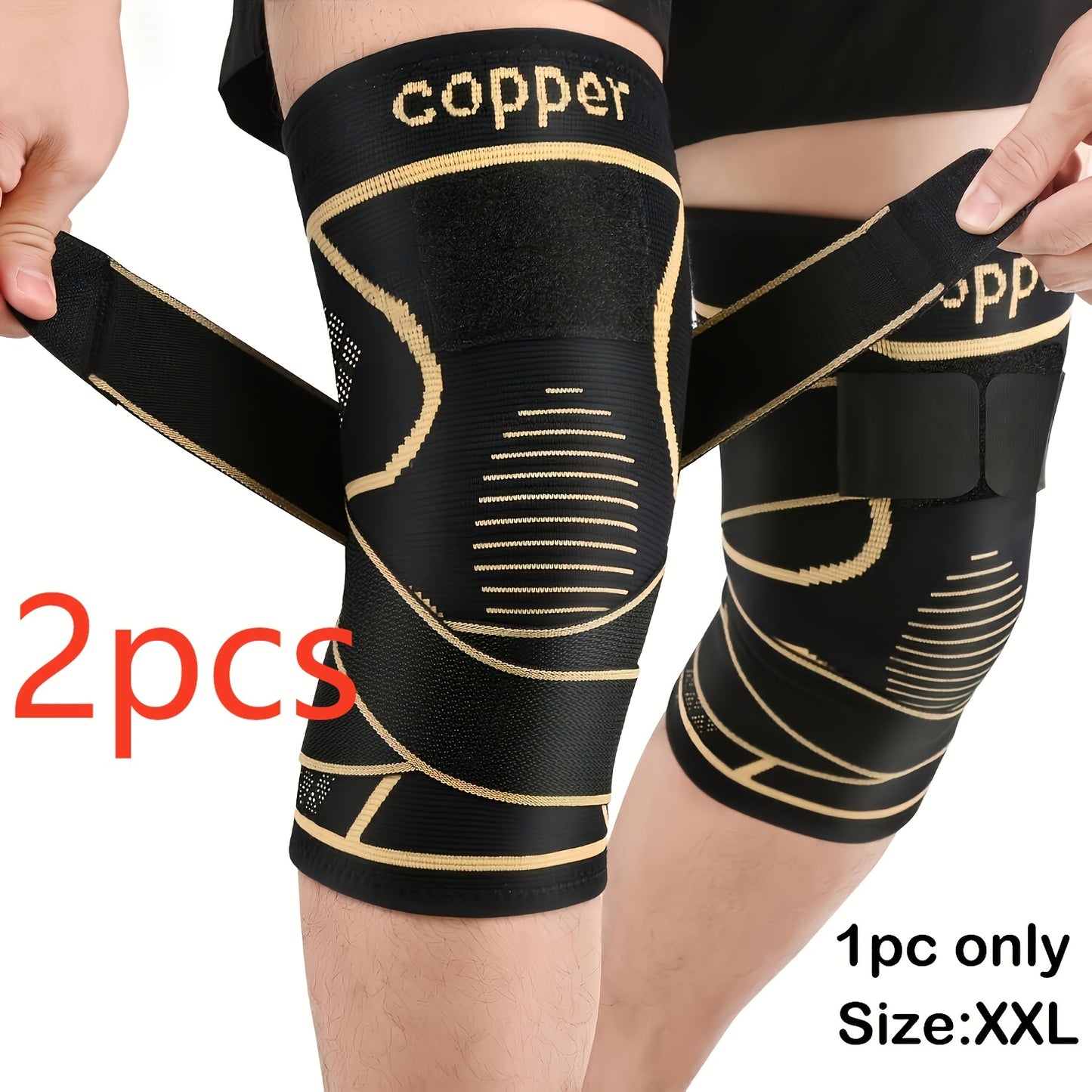 2 Copper Knee Pad with Straps - Black Compression Sleeve for Stability, Nylon Blend, Modern Design, Strap Closure, Comfortable And Durable, Suitable for Daily Activities