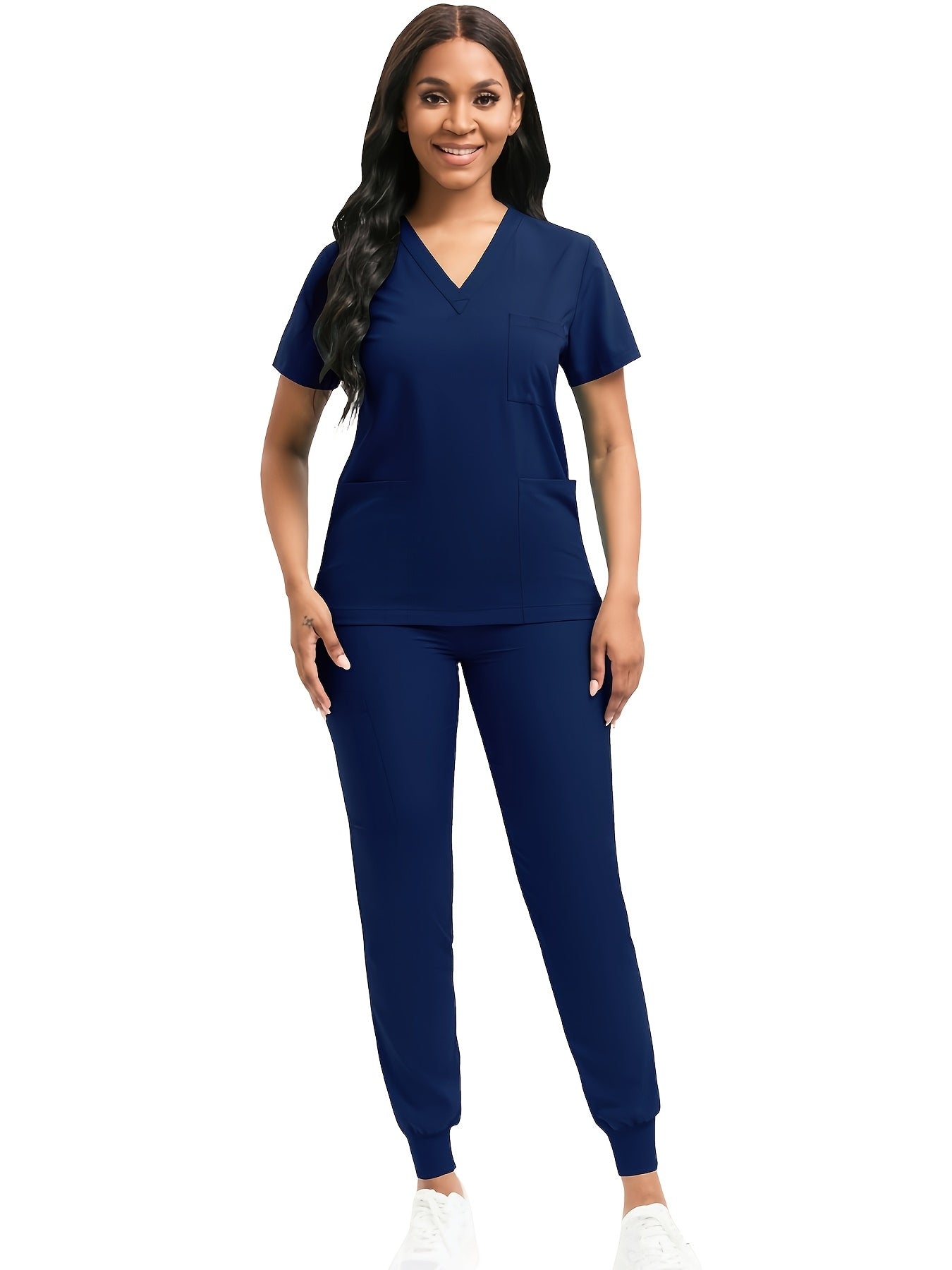 [Scrub Suit Set] Scrub Suit Set For Women Modern V-Neck Top T-Shirt & Tapered Leg Jogger Pants With Drawstring 2pcs Set Nursing Uniforms Set Suitable For Pet Hospitals, Dental Clinics, Nursing Work, Etc