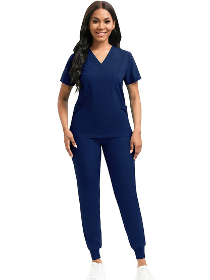 [Scrub Suit Set] Scrub Suit Set For Women Modern V-Neck Top T-Shirt & Tapered Leg Jogger Pants With Drawstring 2pcs Set Nursing Uniforms Set Suitable For Pet Hospitals, Dental Clinics, Nursing Work, Etc