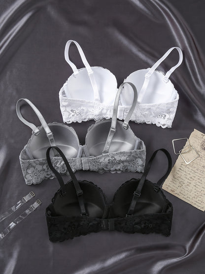 3-Pack Lace Sexy Bra for Women, with Adjustable Thin Straps, 3 Color Combinations, Lace Hollow And Breathable, Deep V Cut, Sexy And Versatile, Comfortable Underwire Bra