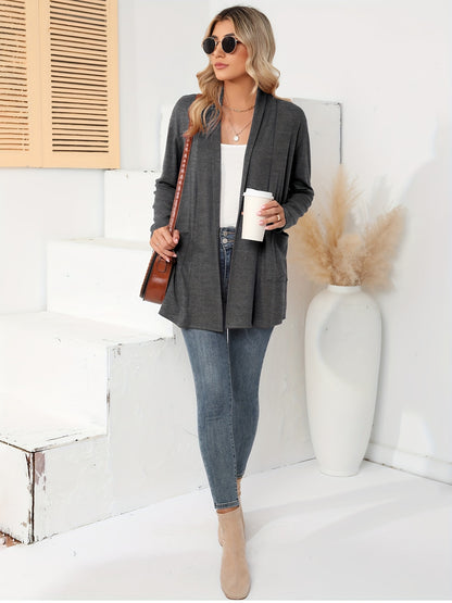 Spring And Autumn Women'S New Casual Solid Color Open Placket Double Pocket Design Simple Cardigan Jacket Comfortable Loose Long Sleeve Cardigan