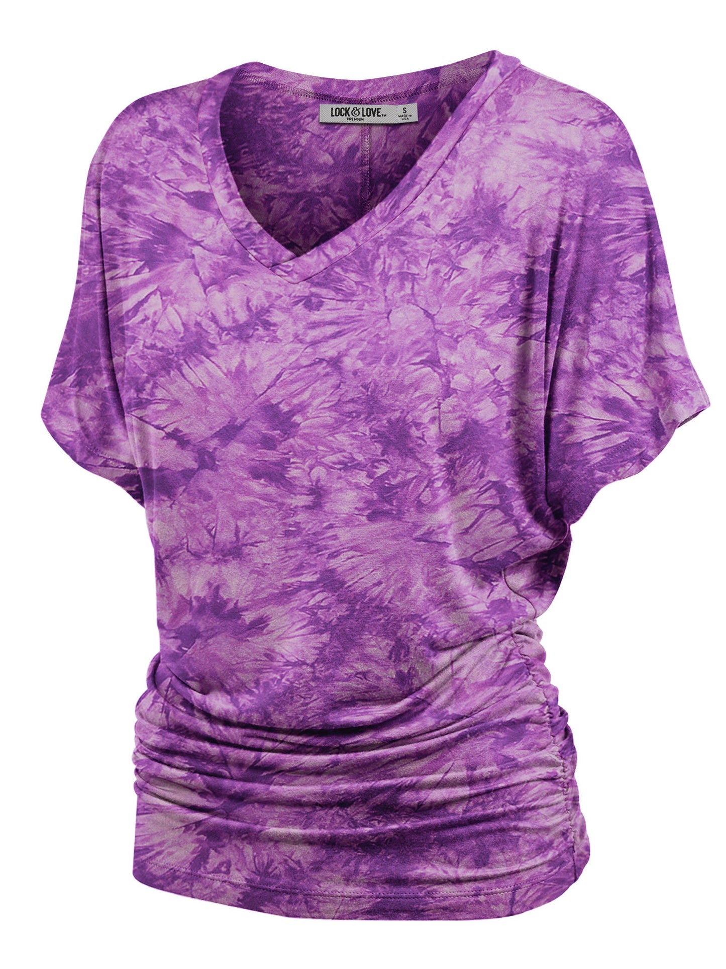 Women's Short Sleeve V Neck Tie-Dye Dolman Top w/Side Shirring
