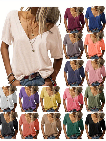Casual Loose Basic T-Shirt for Women with a Deep V-Neck And Short Sleeves