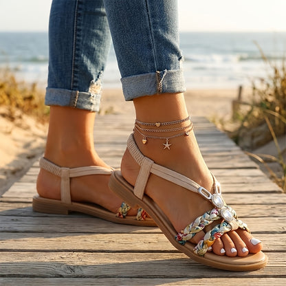 Women's Summer Boho Sandals 2026 - Floral Print Braided Elastic Slingback Comfort Flat Shoes, Casual Open Toe Trendy Beach Vacation Everyday Lightweight Footwear, Ideal Mother's Day Gift US Fast Delivery, Women Shoes