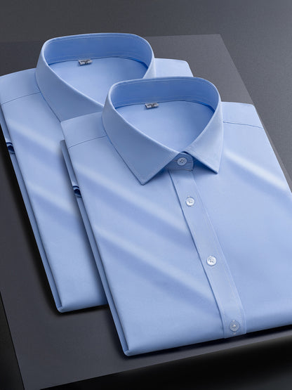 2pcs Men's Long Sleeve Dress Shirts - Elegant White, Stretchy Fabric, Business Casual, Unwrinkled, Single-Breasted with Lapel Collar, All-Season Wear, Casual Attire|Elegant Lapel Shirt|Stretchy Fabric