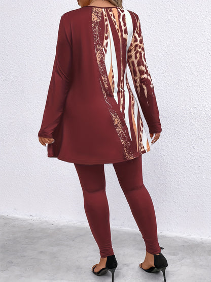 Plus Size, Plus Size 2pcs Outfits for Women Leopard Print Long Sleeve Tunic Top And High Waist Leggings Women Casual Loungewear Matching Set for Daily Wear
