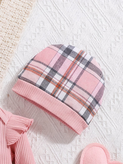 2pcs Baby Girl Autumn And Winter Long-Sleeved Pink Romper with Plaid Pants And Hat Set, for Outdoor, Perfect for Outdoor