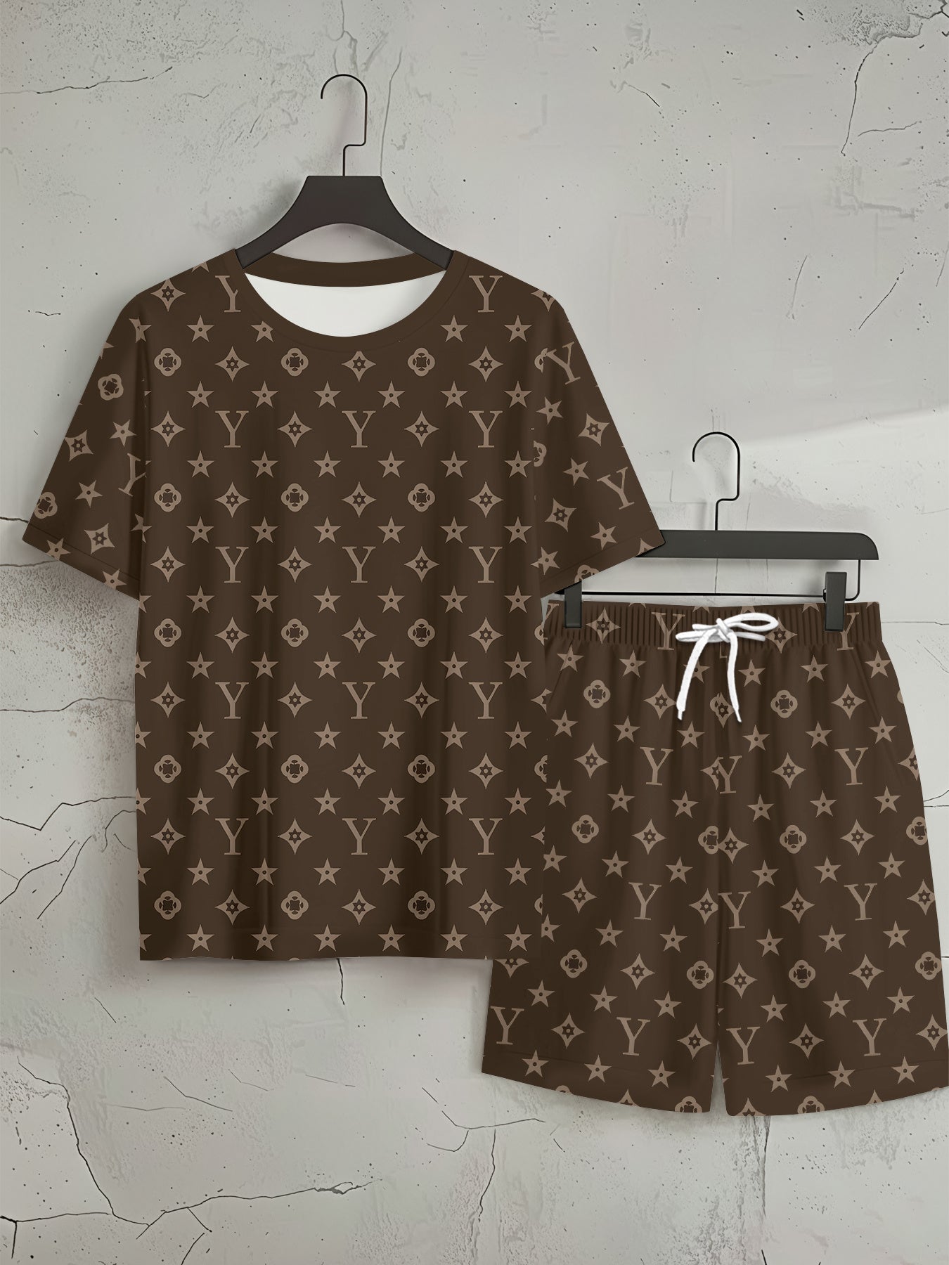 Men'S 3D Digital Print Casual Short Sleeve Shorts Set, Luxury Style Full Monogram Print, Classic Y-Shaped Jacquard Design 2pcs Outfit, Effortlessly Achieves an Upscale Look And Showcases a Unique Luxury Taste