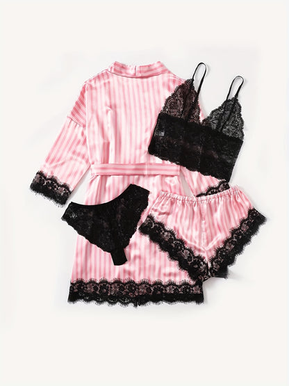 Women's Sleepwear, Home Clothes, Bathrobe 5pcs Set, Multi-color, No Pattern, Sexy, Solid Color, Contrasting Lace, No Lining, Belt, Adult Style, Comfortable and Breathable Fabric, Essential for Lovers to Save Money