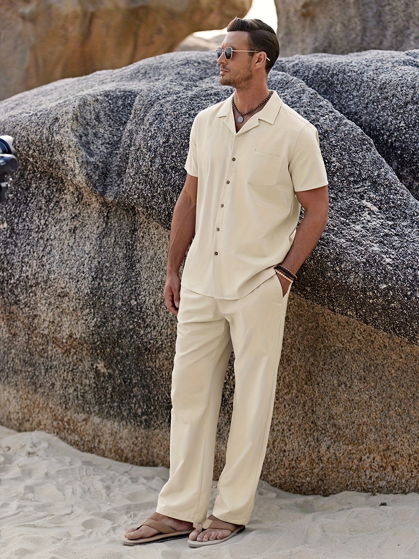 Men 2pcs Linen Outfit Beach Button- Shirt Casual Loose Pant Sets