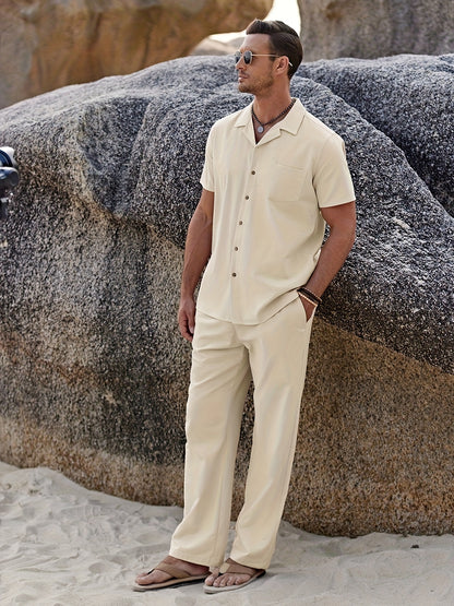 Men 2pcs Linen Outfit Beach Button- Shirt Casual Loose Pant Sets